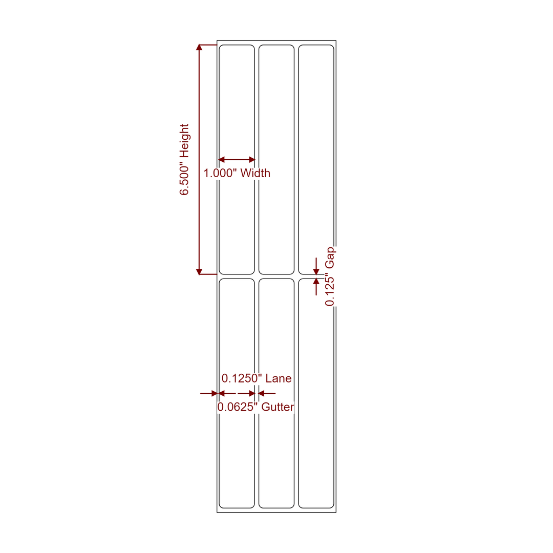 1 Inch x 6.5 Inch Rectangle Inkjet Label Roll - 3Up - 2D Drawing