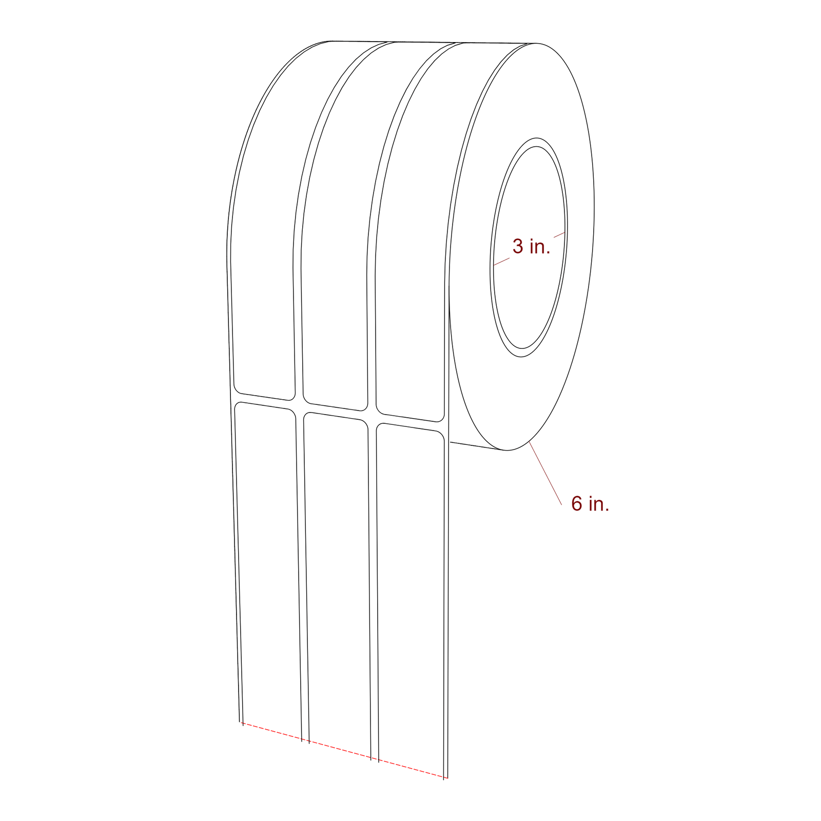 1 Inch x 6.5 Inch Rectangle Inkjet Label Roll - 3 Inch Core - 6 Inch Roll OD - 3Up - 3D Perspective
