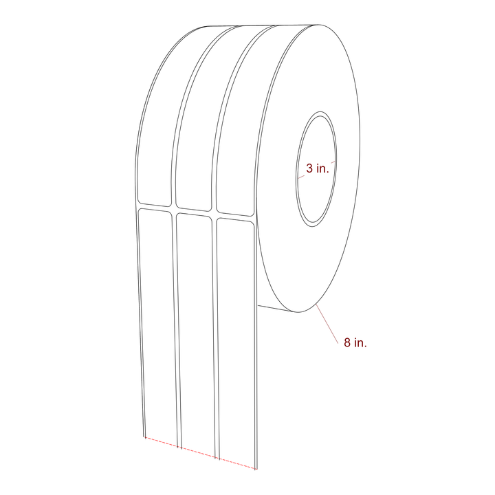 1 Inch x 6.5 Inch Rectangle Inkjet Label Roll - 3 Inch Core - 8 Inch Roll OD - 3Up - 3D Perspective