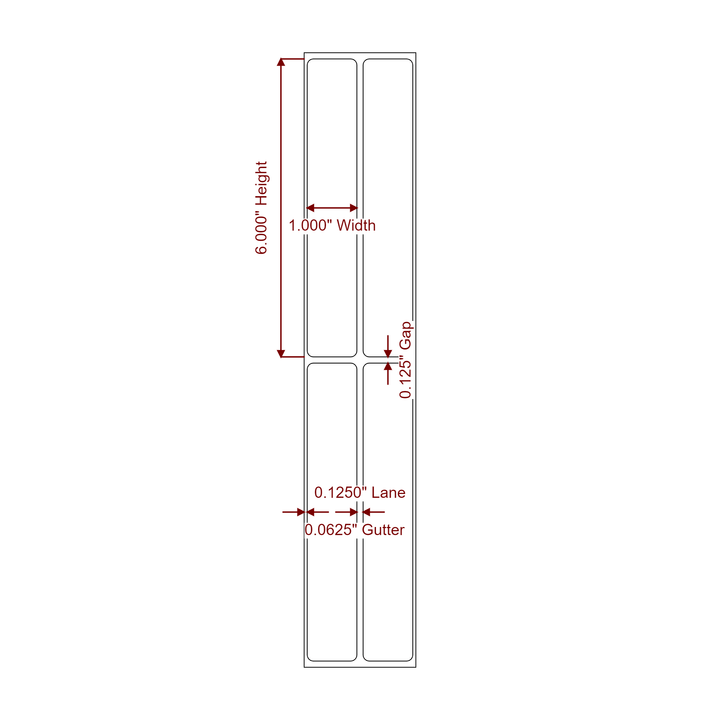 1 Inch x 6 Inch Rectangle Inkjet Label Roll - 2Up - 2D Drawing
