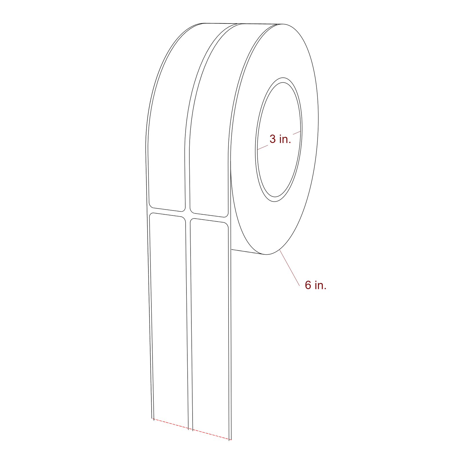 1 Inch x 6 Inch Rectangle Inkjet Label Roll - 3 Inch Core - 6 Inch Roll OD - 2Up - 3D Perspective