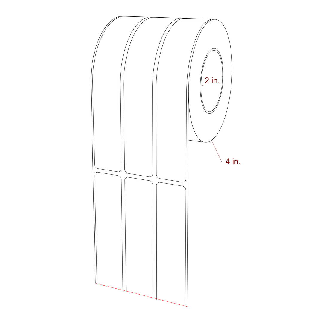 1 Inch x 6 Inch Rectangle Inkjet Label Roll - 2 Inch Core - 4 Inch Roll OD - 3Up - 3D Perspective
