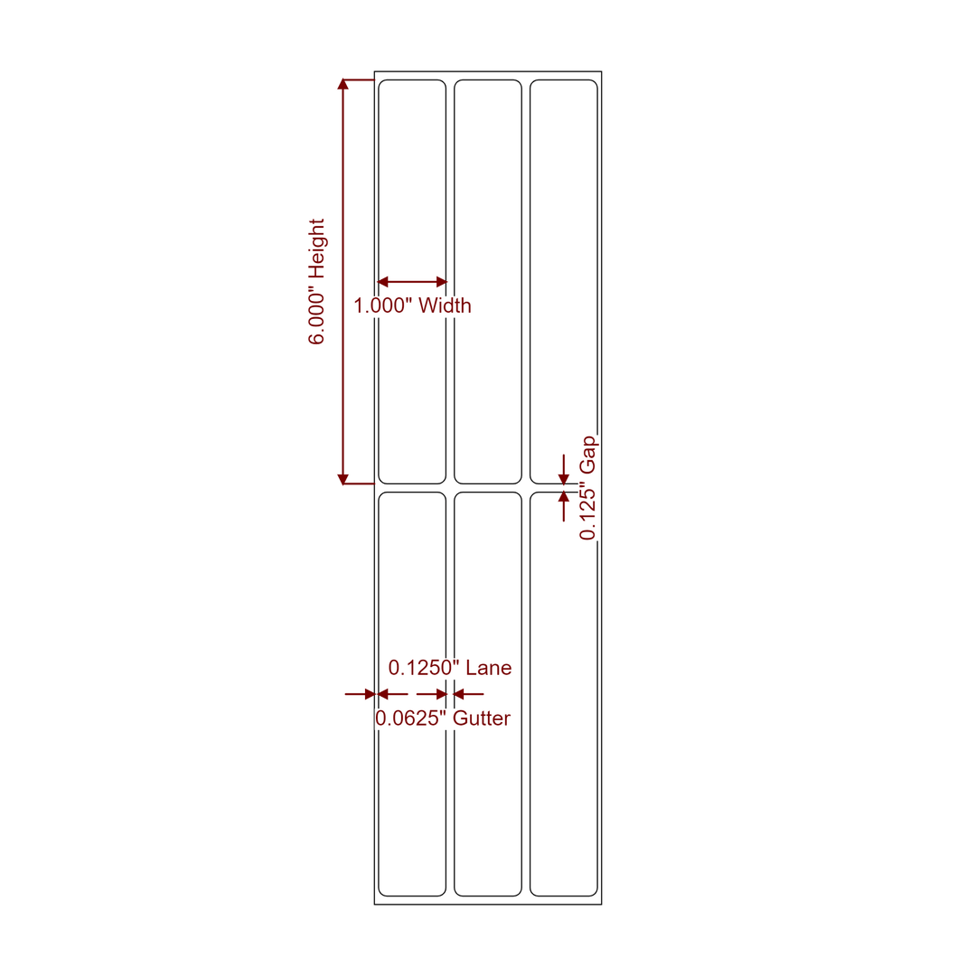 1 Inch x 6 Inch Rectangle Inkjet Label Roll - 3Up - 2D Drawing