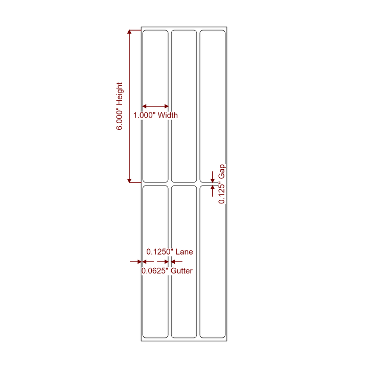 1 Inch x 6 Inch Rectangle Inkjet Label Roll - 3Up - 2D Drawing