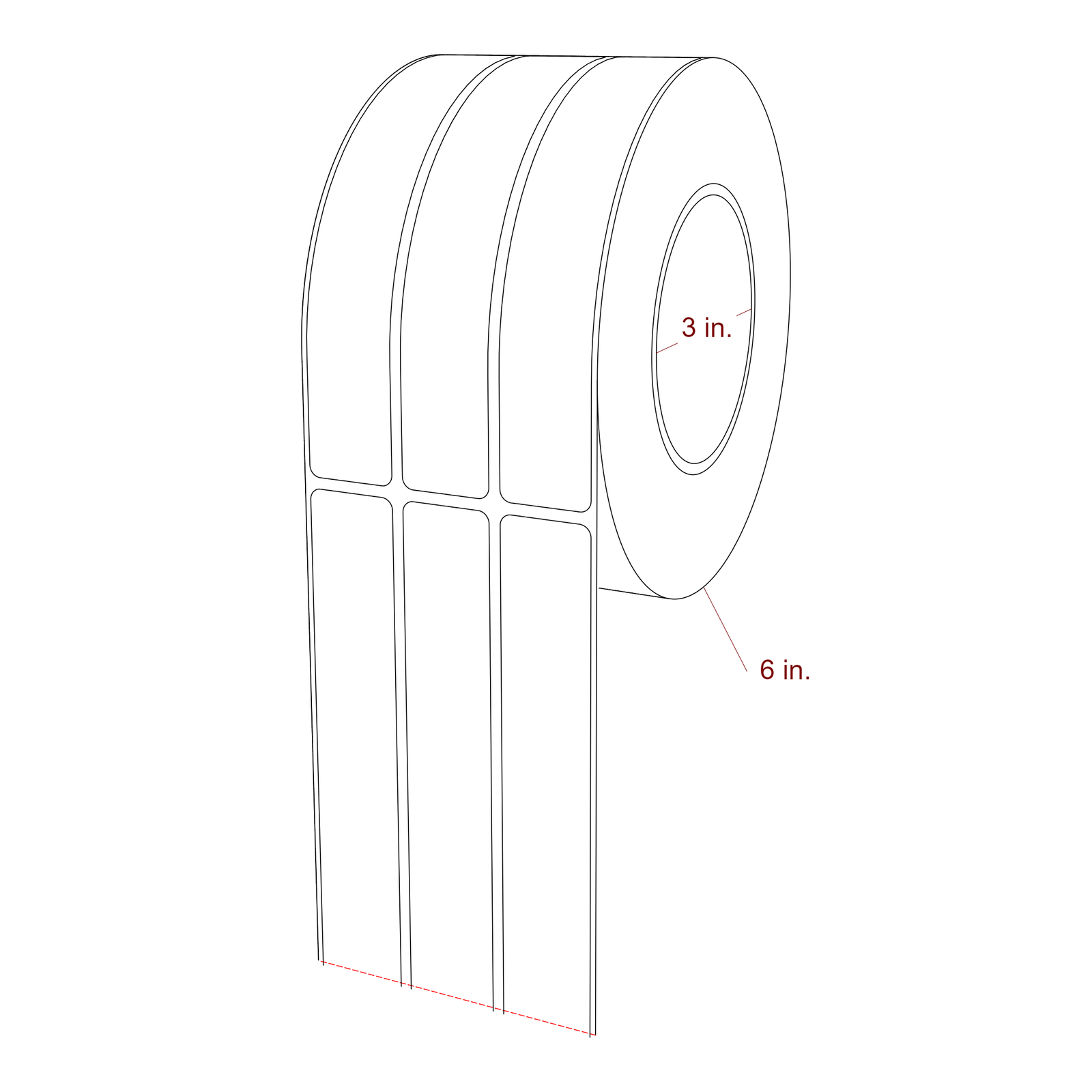 1 Inch x 6 Inch Rectangle Inkjet Label Roll - 3 Inch Core - 6 Inch Roll OD - 3Up - 3D Perspective
