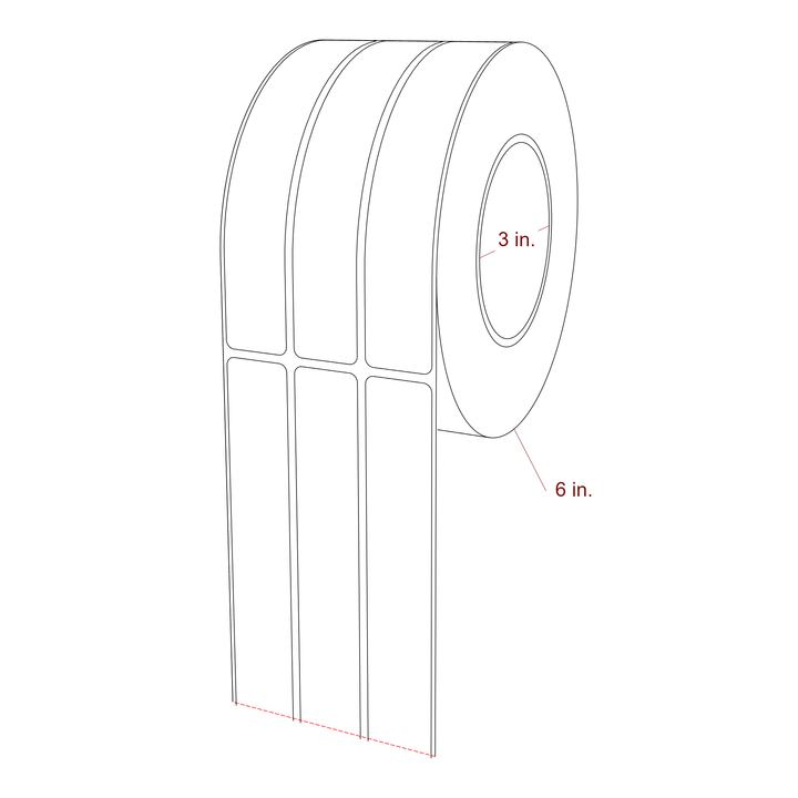 1 Inch x 6 Inch Rectangle Inkjet Label Roll - 3 Inch Core - 6 Inch Roll OD - 3Up - 3D Perspective