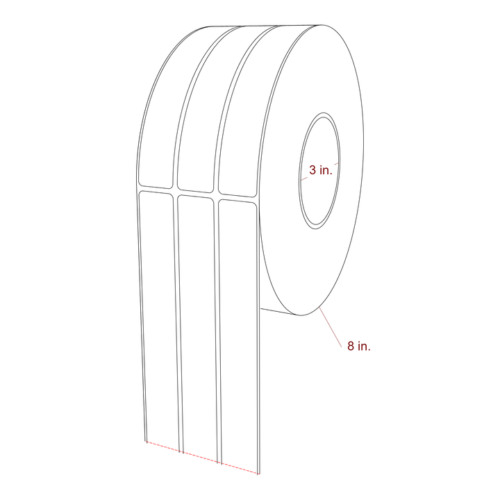 1 Inch x 6 Inch Rectangle Inkjet Label Roll - 3 Inch Core - 8 Inch Roll OD - 3Up - 3D Perspective