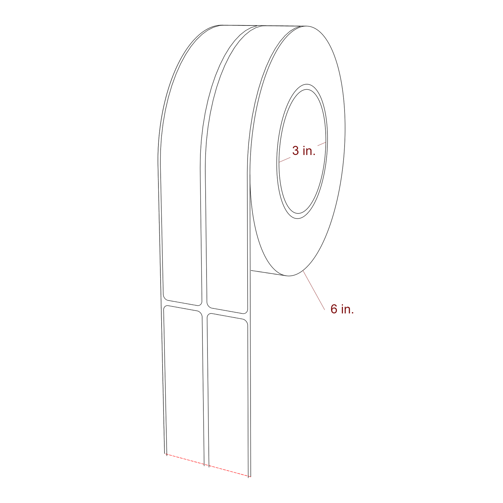 1 Inch x 7.75 Inch Rectangle Inkjet Label Roll - 3 Inch Core - 6 Inch Roll OD - 2Up - 3D Perspective