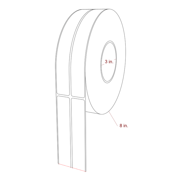 1 Inch x 7.75 Inch Rectangle Inkjet Label Roll - 3 Inch Core - 8 Inch Roll OD - 2Up - 3D Perspective