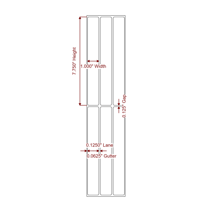 1 Inch x 7.75 Inch Rectangle Inkjet Label Roll - 3Up - 2D Drawing