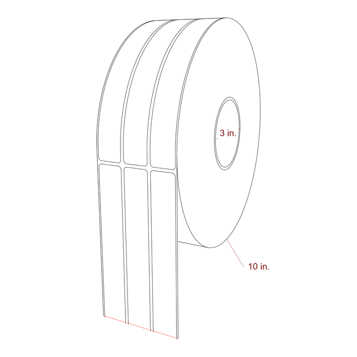 1 Inch x 7.75 Inch Rectangle Inkjet Label Roll - 3 Inch Core - 10 Inch Roll OD - 3Up - 3D Perspective