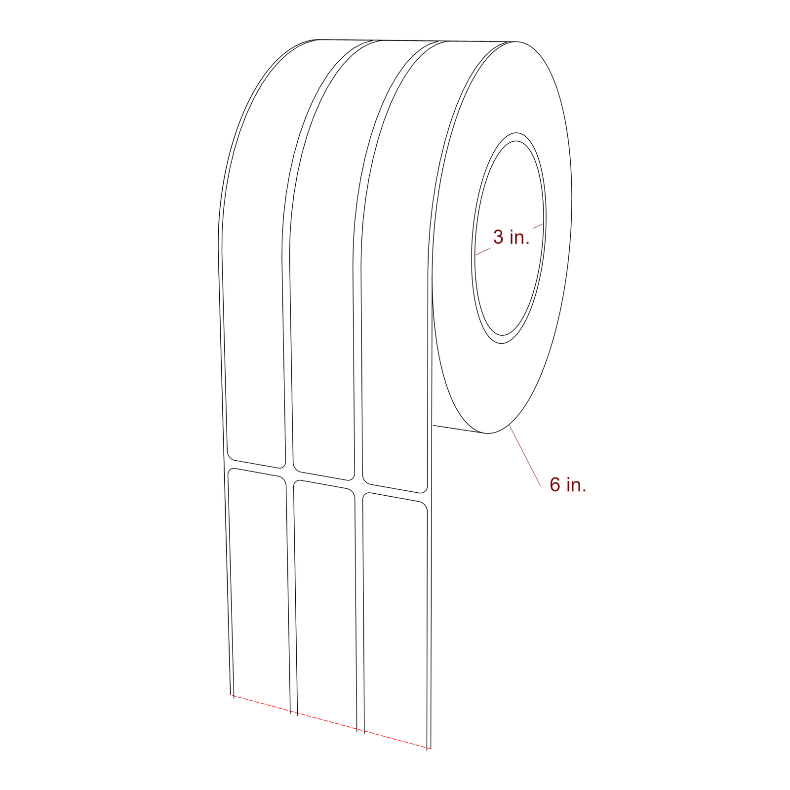 1 Inch x 7.75 Inch Rectangle Inkjet Label Roll - 3 Inch Core - 6 Inch Roll OD - 3Up - 3D Perspective