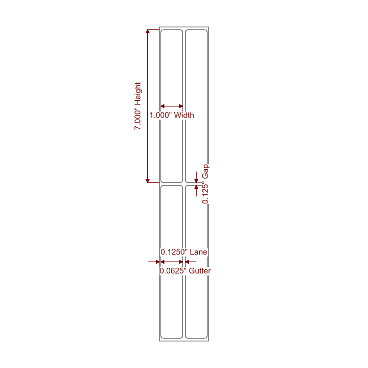 1 Inch x 7 Inch Rectangle Inkjet Label Roll - 2Up - 2D Drawing