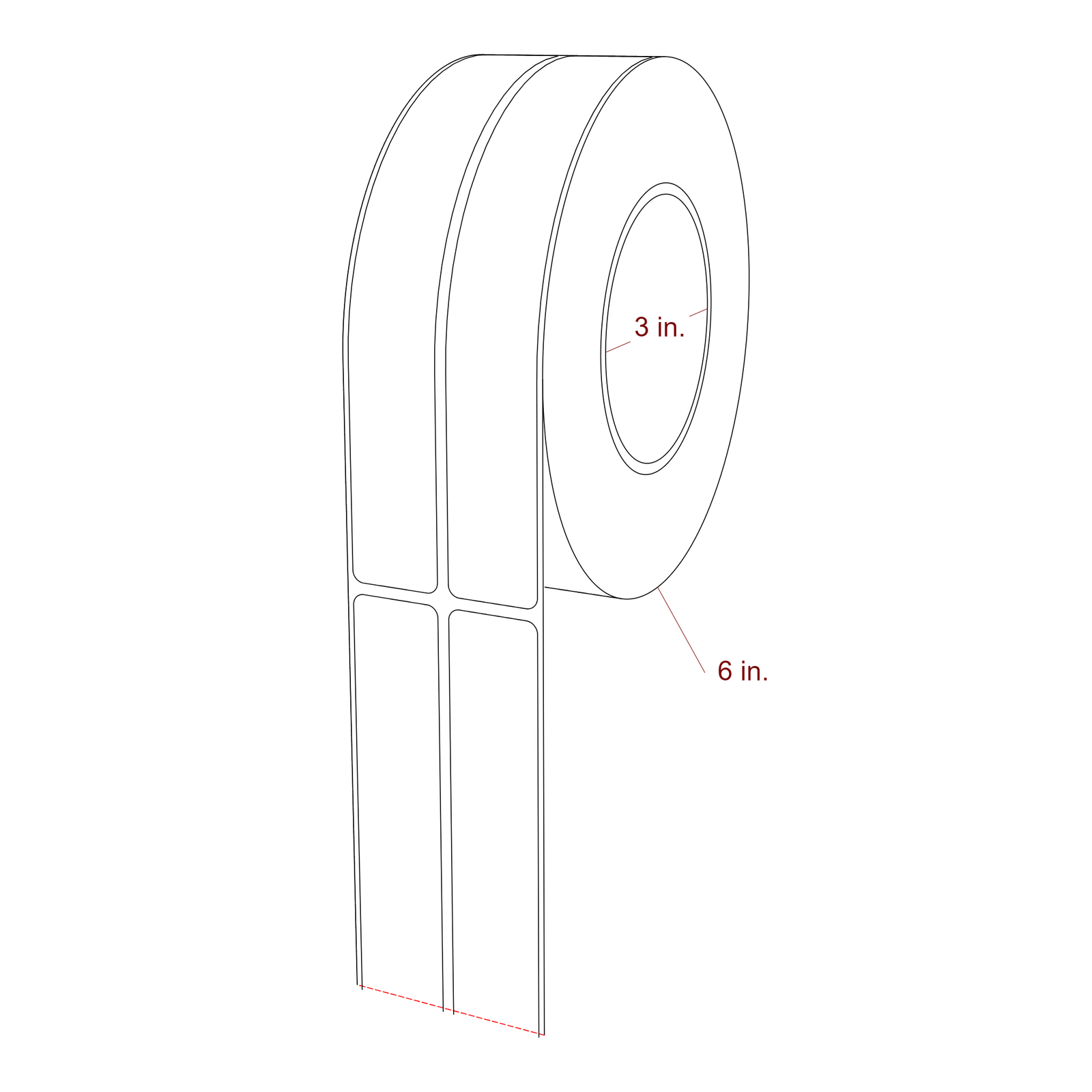 1 Inch x 7 Inch Rectangle Inkjet Label Roll - 3 Inch Core - 6 Inch Roll OD - 2Up - 3D Perspective