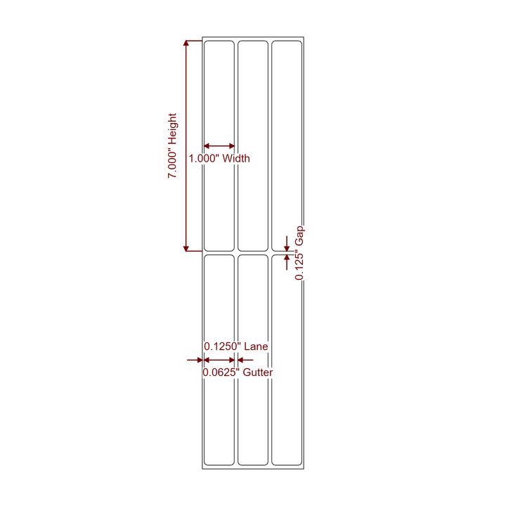 1 Inch x 7 Inch Rectangle Inkjet Label Roll - 3Up - 2D Drawing