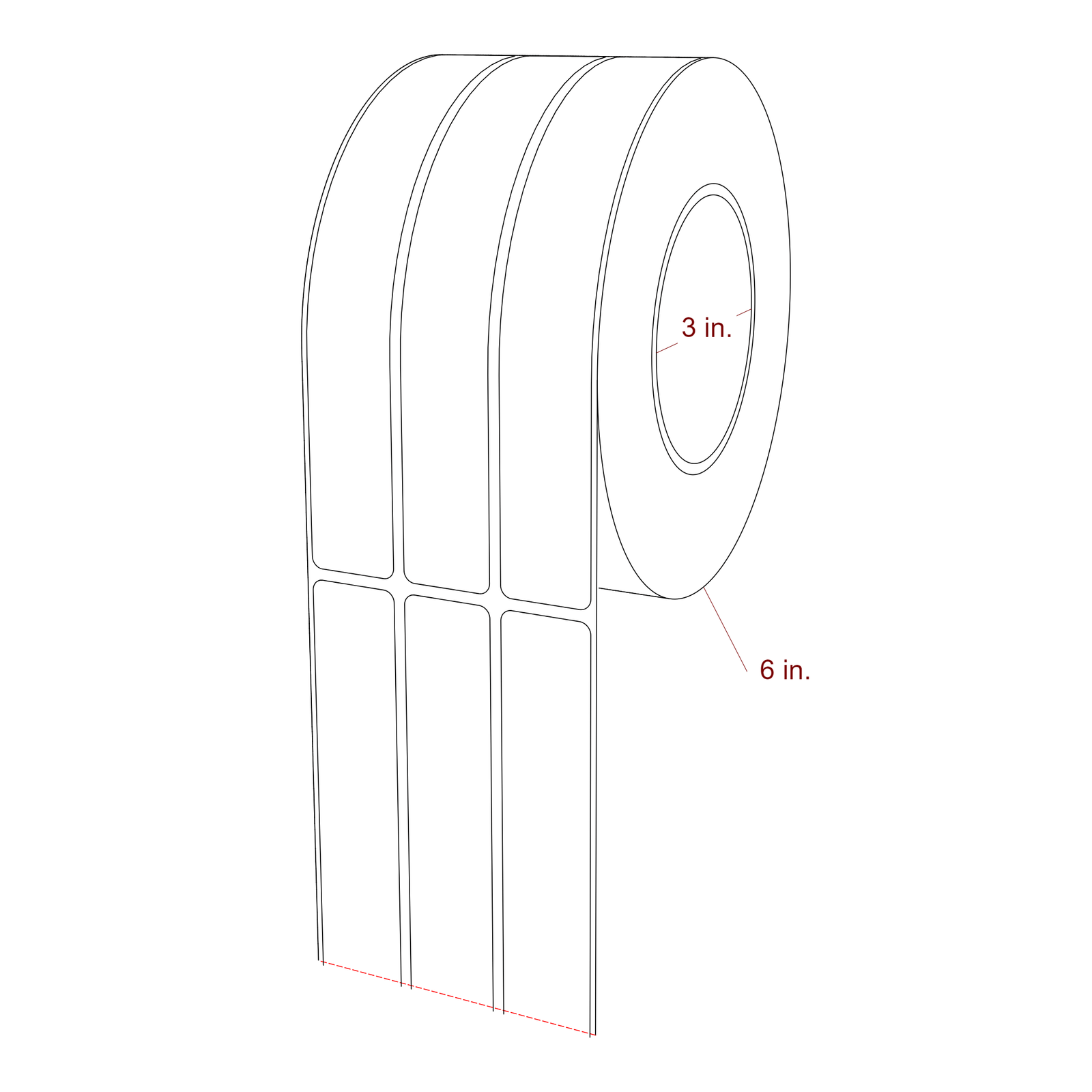 1 Inch x 7 Inch Rectangle Inkjet Label Roll - 3 Inch Core - 6 Inch Roll OD - 3Up - 3D Perspective