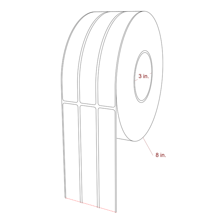 1 Inch x 7 Inch Rectangle Inkjet Label Roll - 3 Inch Core - 8 Inch Roll OD - 3Up - 3D Perspective