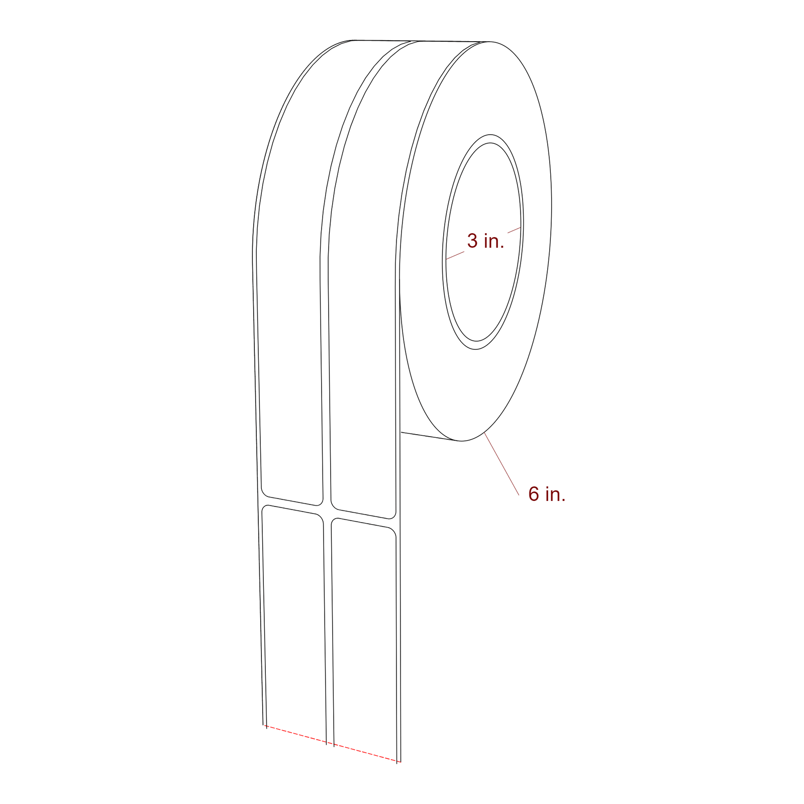 1 Inch x 8 Inch Rectangle Inkjet Label Roll - 3 Inch Core - 6 Inch Roll OD - 2Up - 3D Perspective