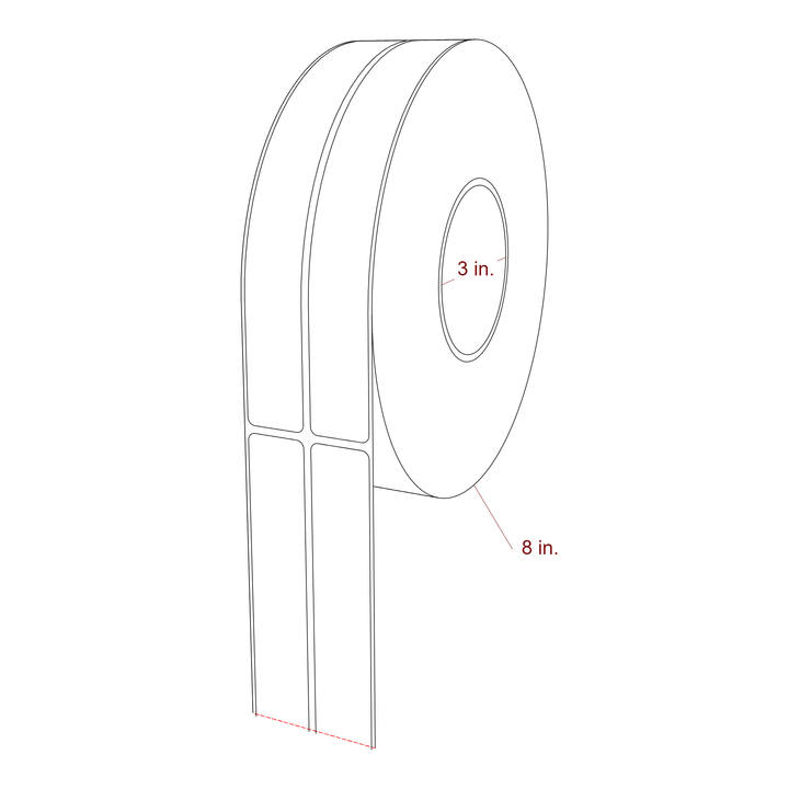 1 Inch x 8 Inch Rectangle Inkjet Label Roll - 3 Inch Core - 8 Inch Roll OD - 2Up - 3D Perspective