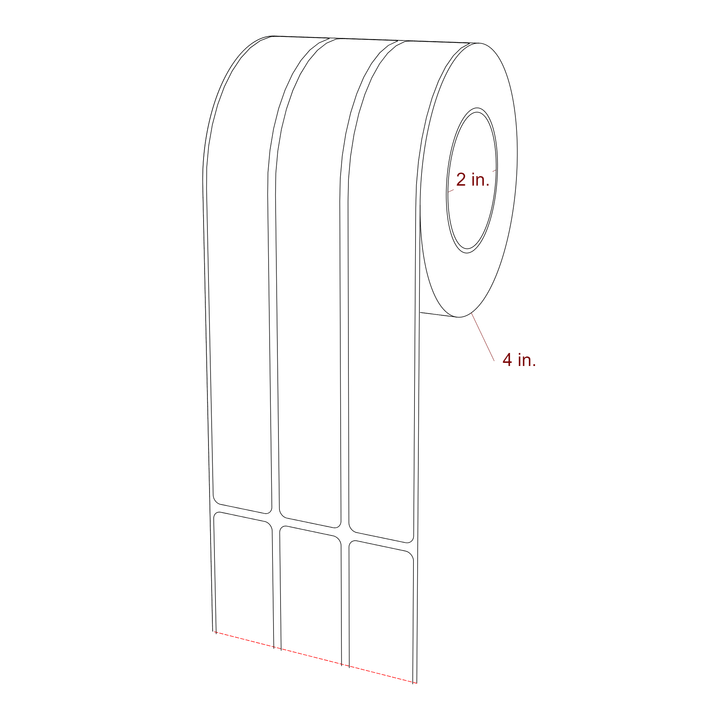 1 Inch x 8 Inch Rectangle Inkjet Label Roll - 2 Inch Core - 4 Inch Roll OD - 3Up - 3D Perspective