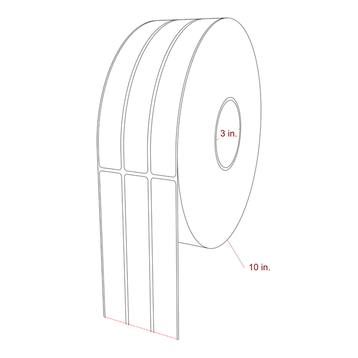 1 Inch x 8 Inch Rectangle Inkjet Label Roll - 3 Inch Core - 10 Inch Roll OD - 3Up - 3D Perspective