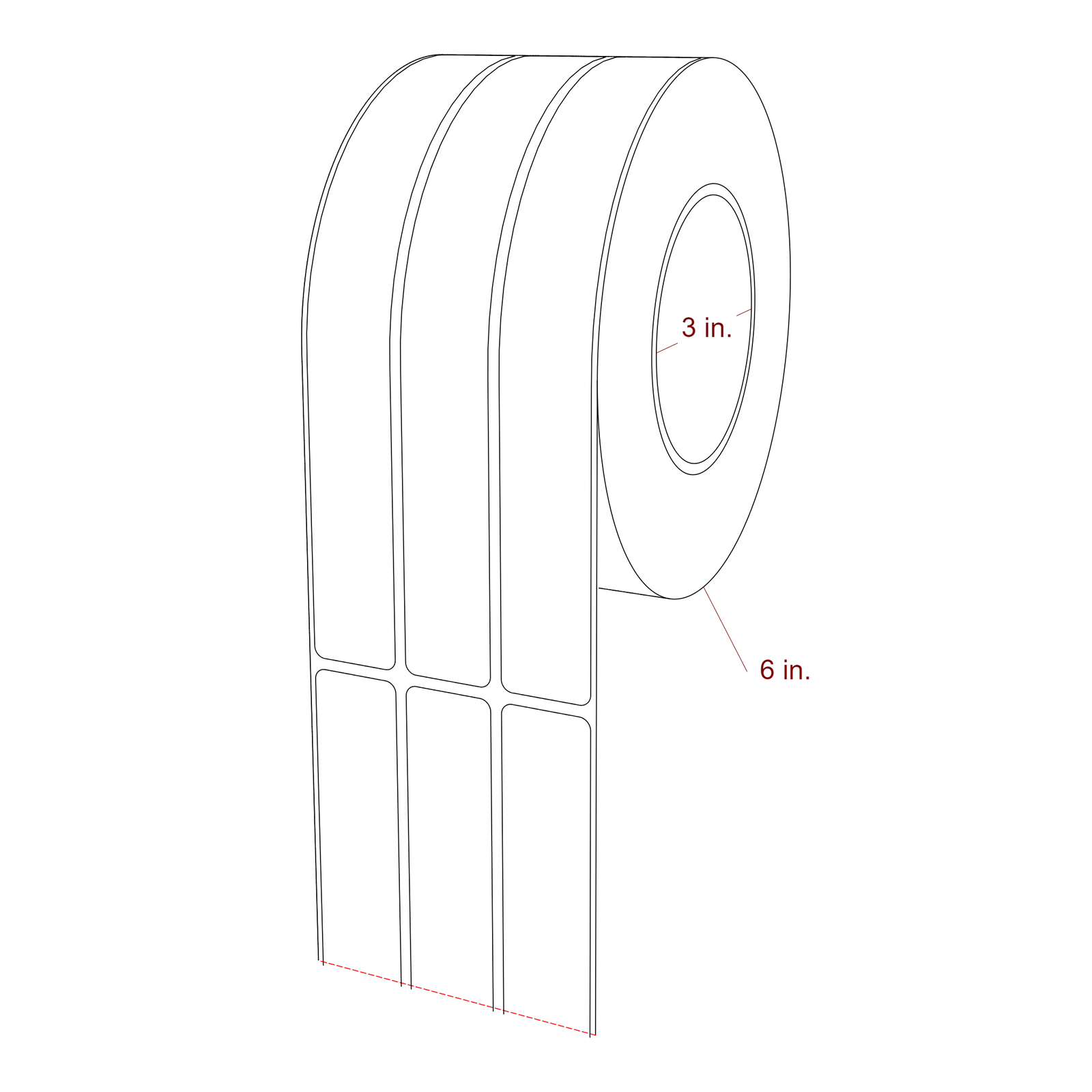 1 Inch x 8 Inch Rectangle Inkjet Label Roll - 3 Inch Core - 6 Inch Roll OD - 3Up - 3D Perspective