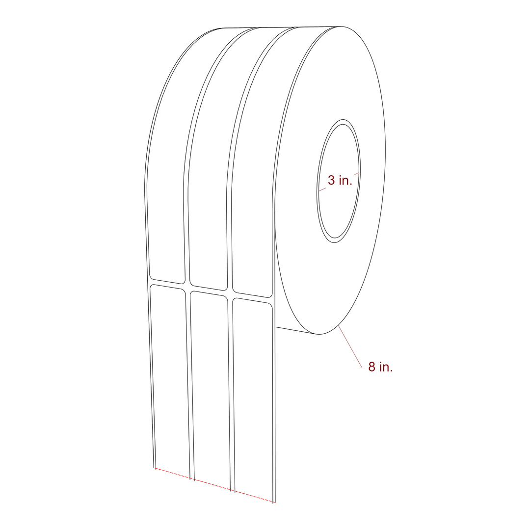 1 Inch x 8 Inch Rectangle Inkjet Label Roll - 3 Inch Core - 8 Inch Roll OD - 3Up - 3D Perspective