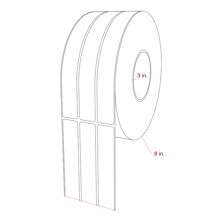 1 Inch x 8 Inch Rectangle Inkjet Label Roll - 3 Inch Core - 8 Inch Roll OD - 3Up - 3D Perspective