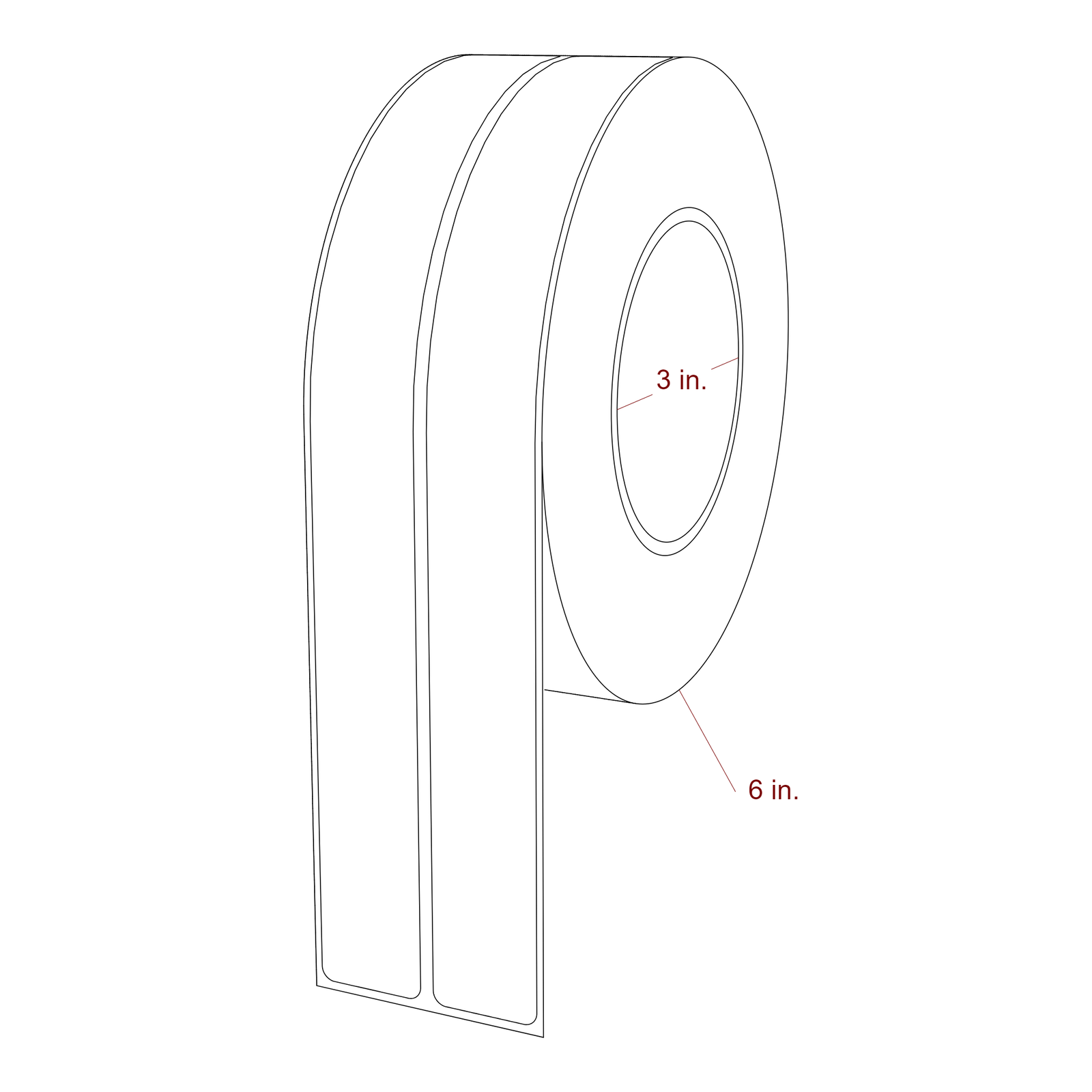 1 Inch x 9.75 Inch Rectangle Inkjet Label Roll - 3 Inch Core - 6 Inch Roll OD - 2Up - 3D Perspective