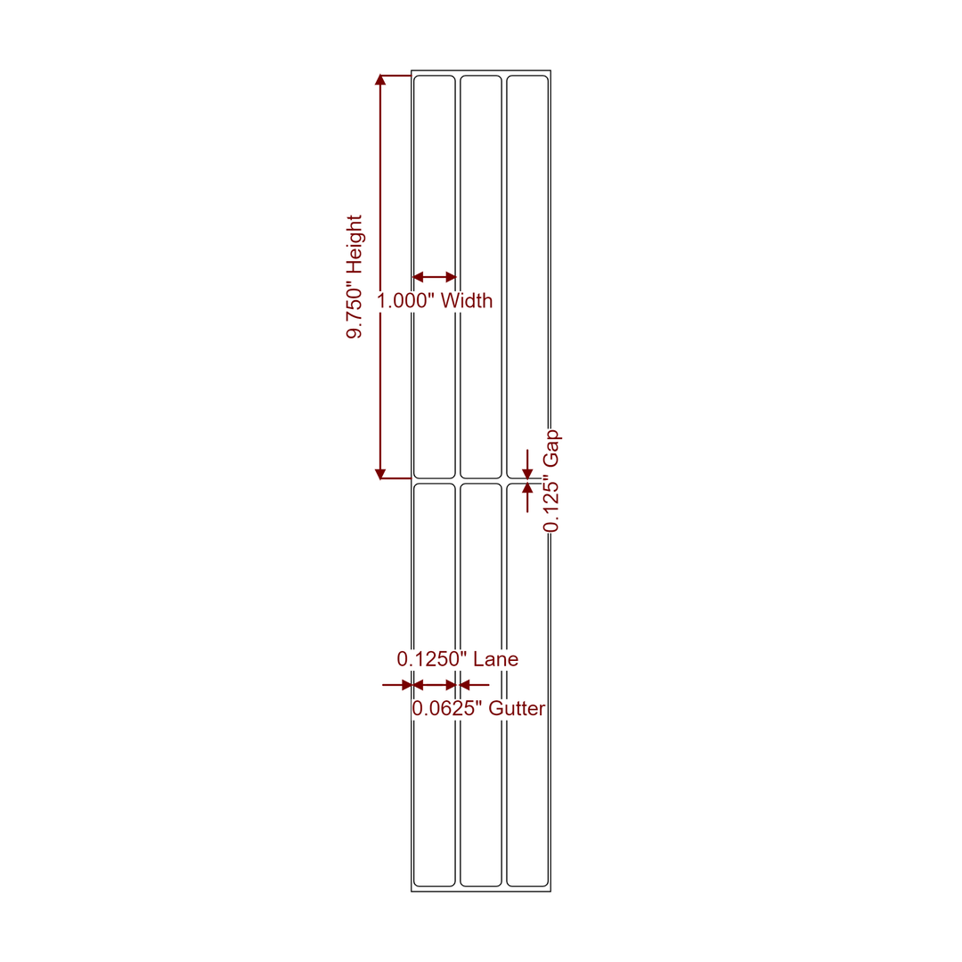 1 Inch x 9.75 Inch Rectangle Inkjet Label Roll - 3Up - 2D Drawing