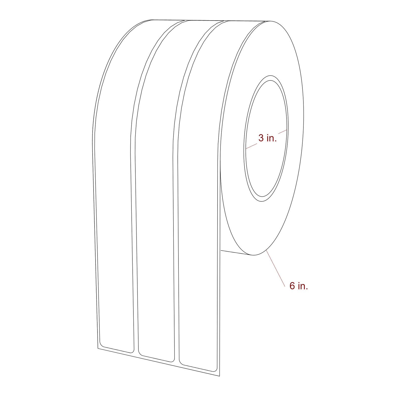 1 Inch x 9.75 Inch Rectangle Inkjet Label Roll - 3 Inch Core - 6 Inch Roll OD - 3Up - 3D Perspective
