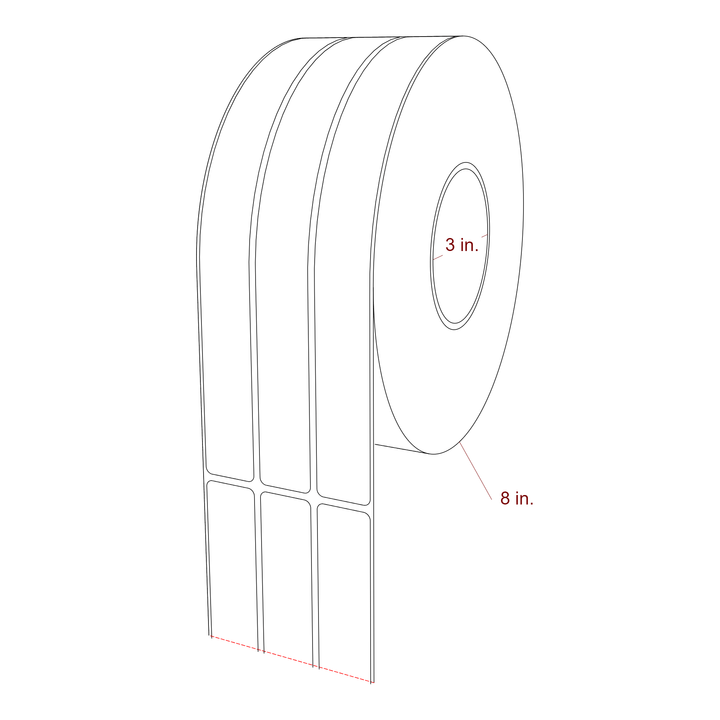 1 Inch x 9.75 Inch Rectangle Inkjet Label Roll - 3 Inch Core - 8 Inch Roll OD - 3Up - 3D Perspective