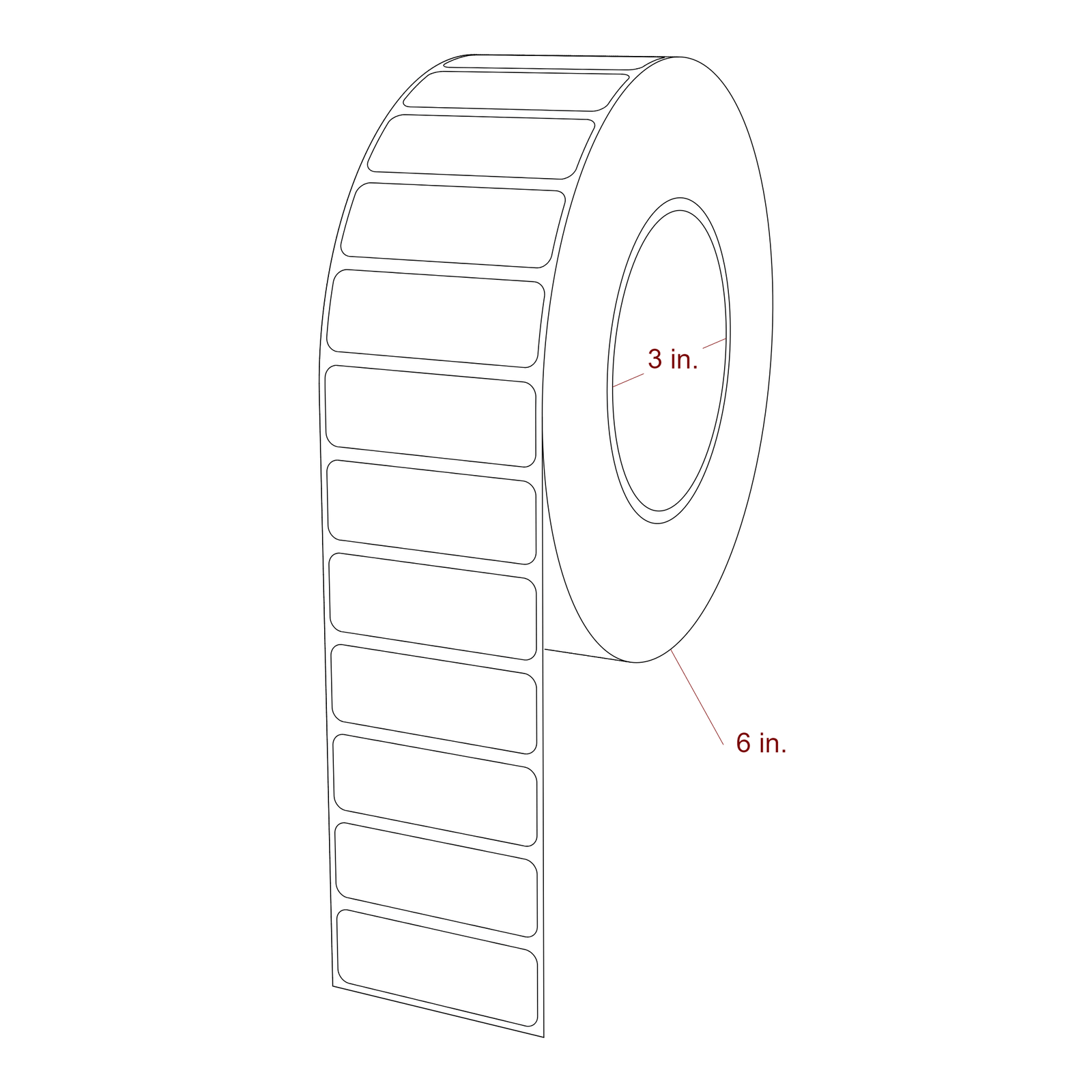 2.125 Inch x 0.75 Inch Rectangle Inkjet Label Roll - 3 Inch Core - 6 Inch Roll OD - 3D Perspective