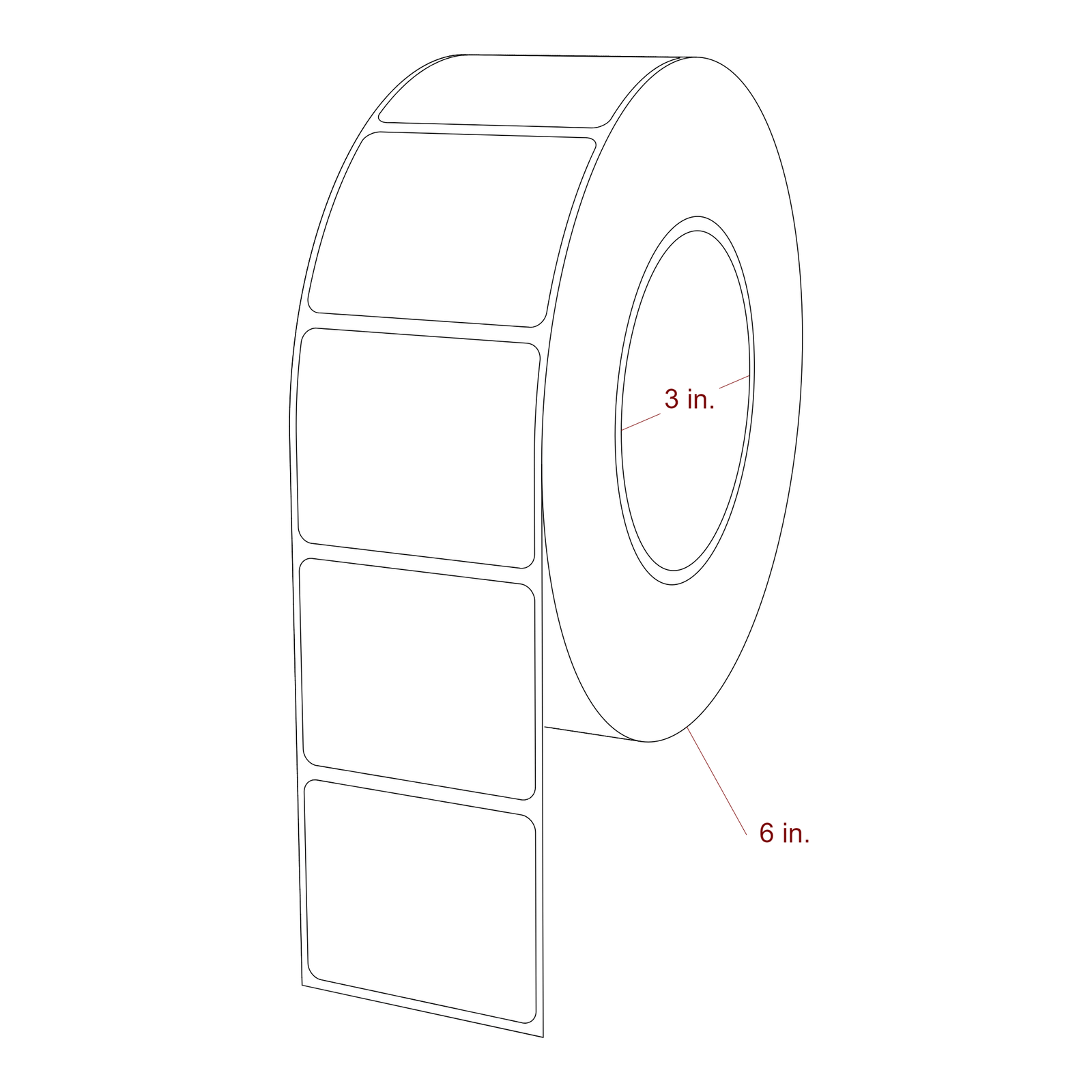 2.125 Inch x 1.75 Inch Rectangle Inkjet Label Roll - 3 Inch Core - 6 Inch Roll OD - 3D Perspective