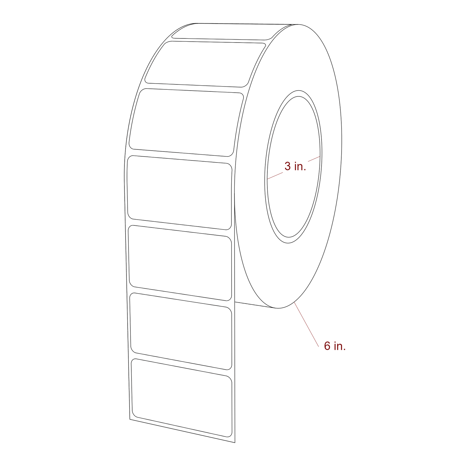 2.25 Inch x 1.25 Inch Rectangle Inkjet Label Roll - 3 Inch Core - 6 Inch Roll OD - 3D Perspective