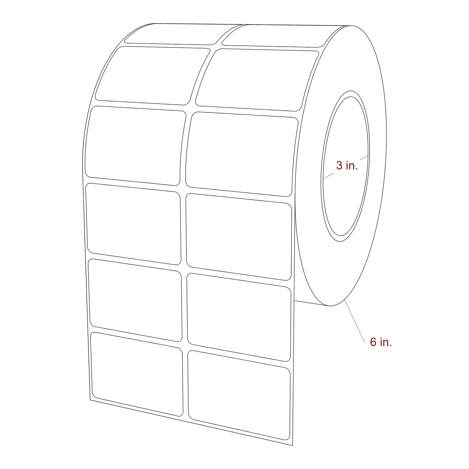 2.25 Inch x 1.5 Inch Rectangle Inkjet Label Roll - 3 Inch Core - 6 Inch Roll OD - 2Up - 3D Perspective