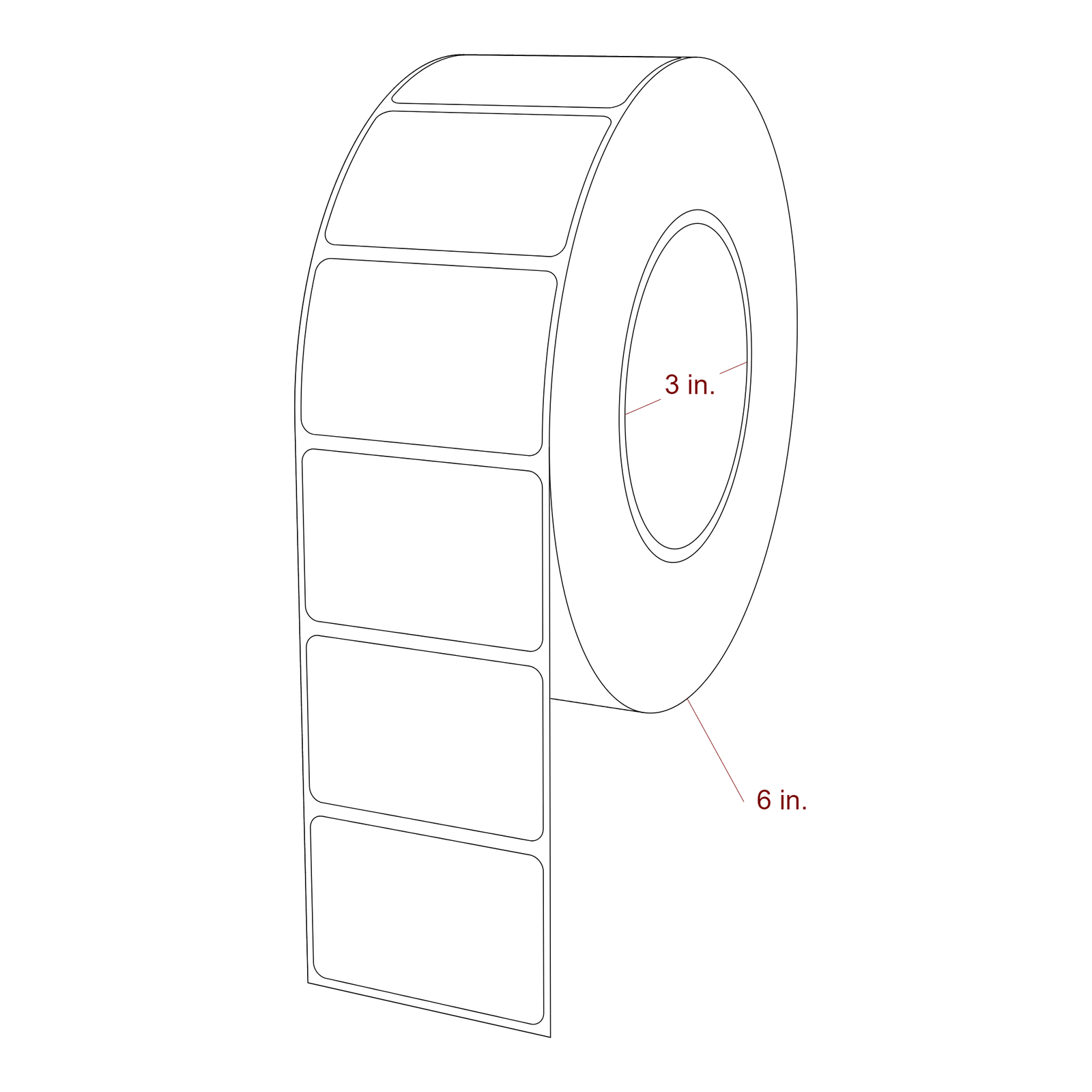 2.25 Inch x 1.5 Inch Rectangle Inkjet Label Roll - 3 Inch Core - 6 Inch Roll OD - 3D Perspective