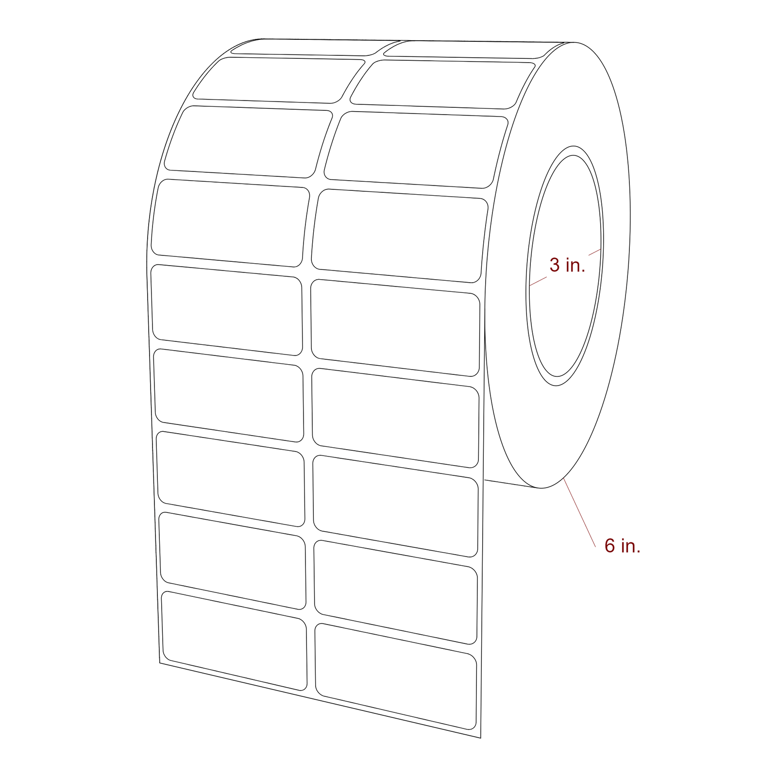 2.25 Inch x 1 Inch Rectangle Inkjet Label Roll - 3 Inch Core - 6 Inch Roll OD - 2Up - 3D Perspective