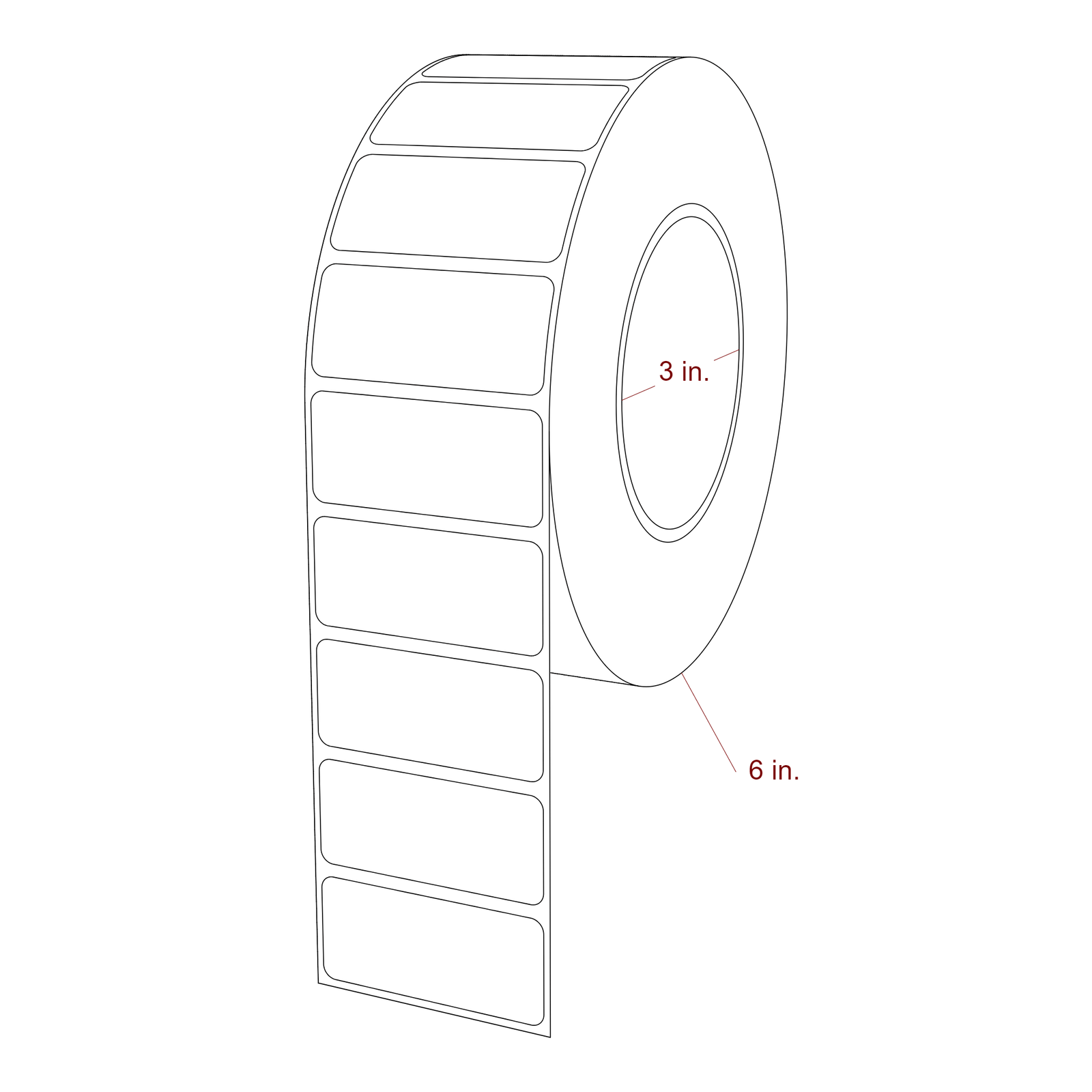 2.25 Inch x 1 Inch Rectangle Inkjet Label Roll - 3 Inch Core - 6 Inch Roll OD - 3D Perspective