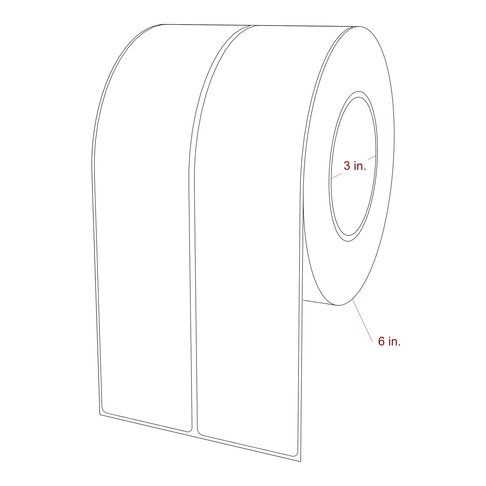 2.25 Inch x 10 Inch Rectangle Inkjet Label Roll - 3 Inch Core - 6 Inch Roll OD - 2Up - 3D Perspective