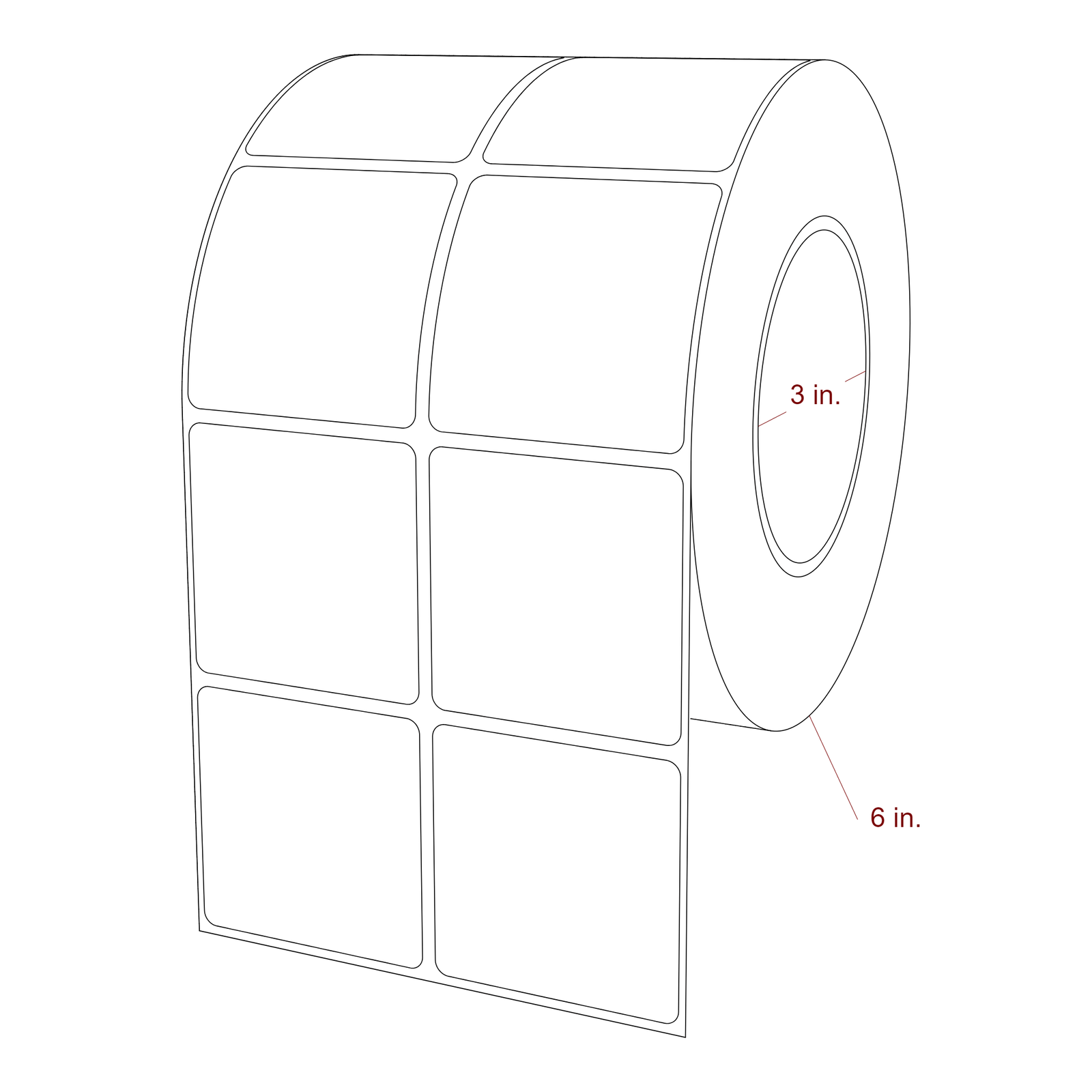 2.25 Inch x 2.25 Inch Rectangle Inkjet Label Roll - 3 Inch Core - 6 Inch Roll OD - 2Up - 3D Perspective