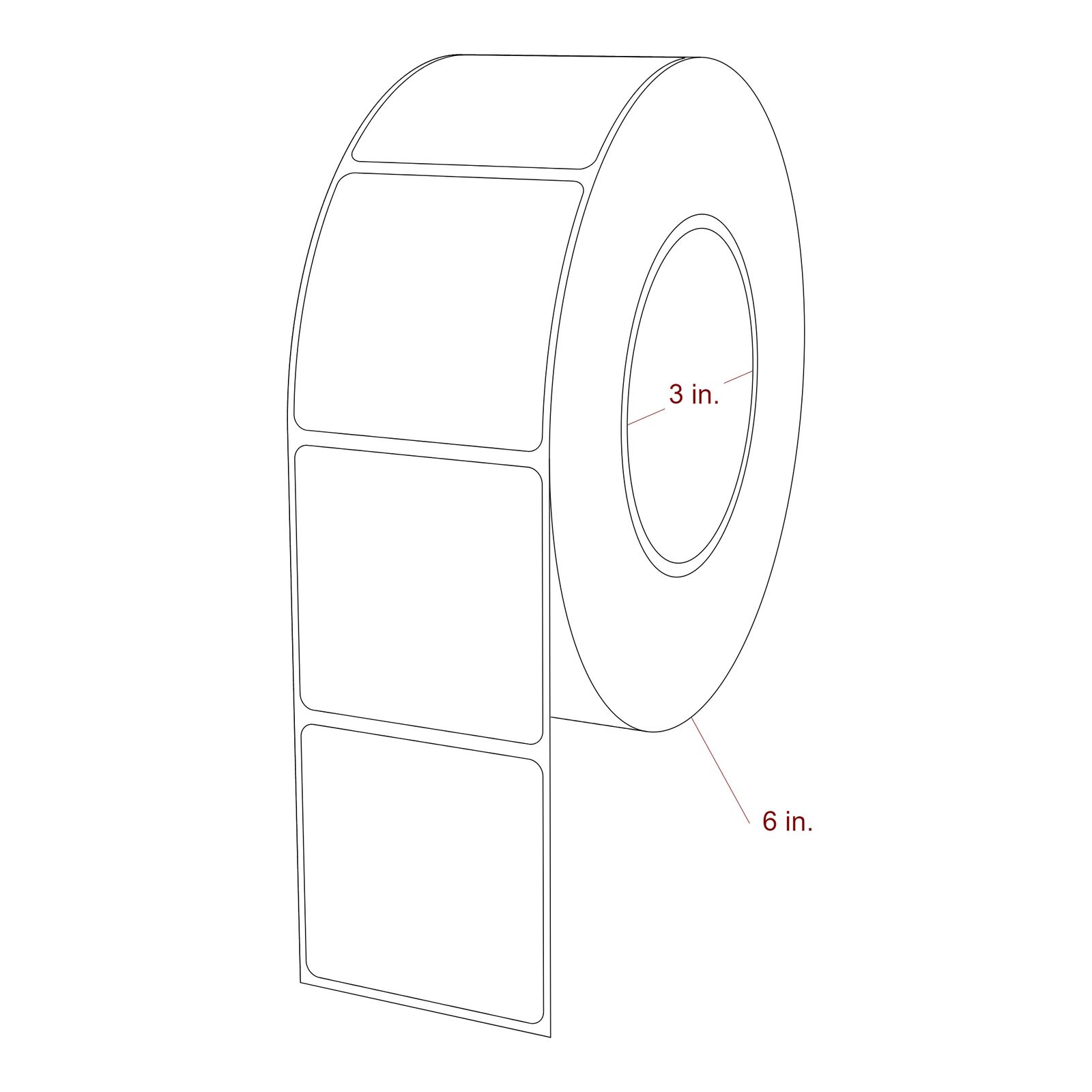 2.25 Inch x 2.25 Inch Rectangle Inkjet Label Roll - 3 Inch Core - 6 Inch Roll OD - 3D Perspective