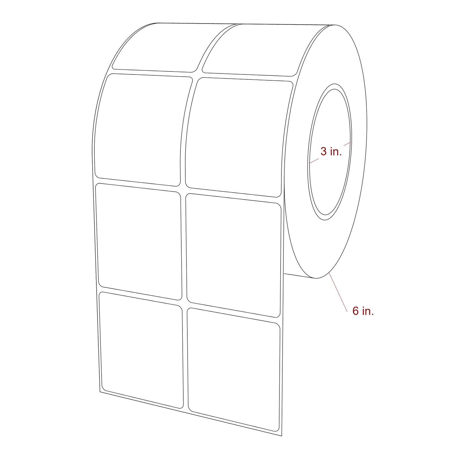 2.25 Inch x 2.5 Inch Rectangle Inkjet Label Roll - 3 Inch Core - 6 Inch Roll OD - 2Up - 3D Perspective
