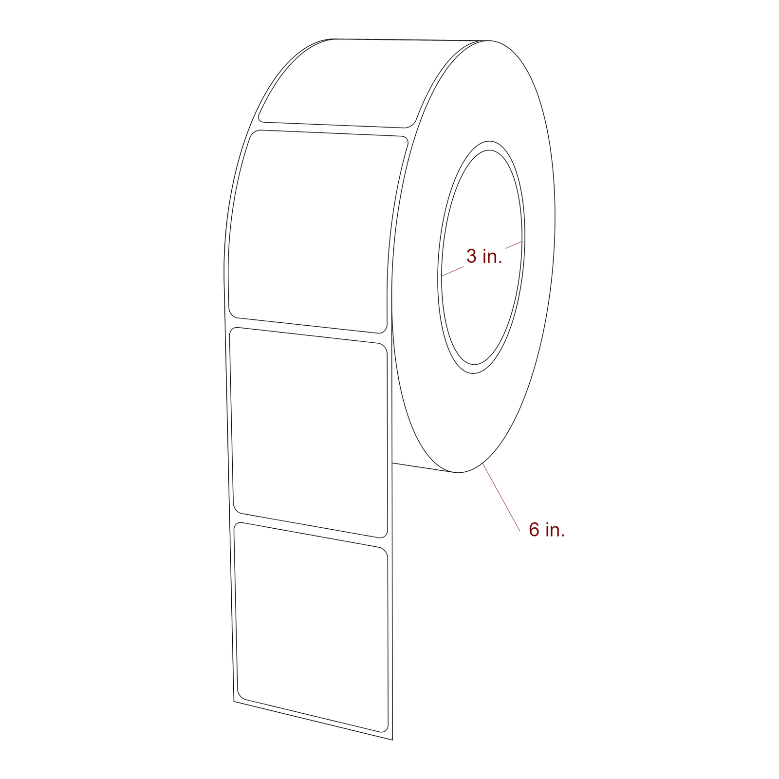2.25 Inch x 2.5 Inch Rectangle Inkjet Label Roll - 3 Inch Core - 6 Inch Roll OD - 3D Perspective