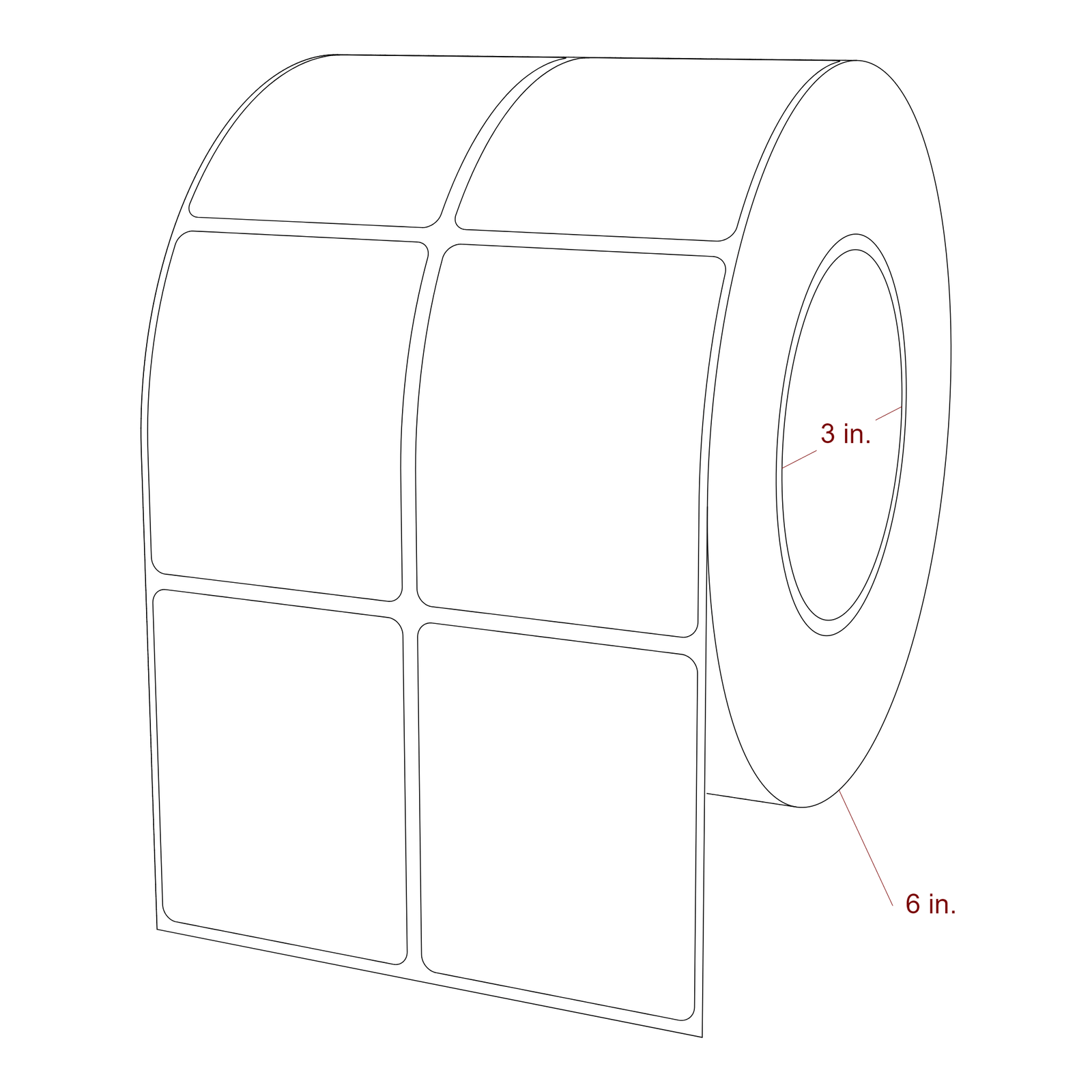 2.25 Inch x 2.75 Inch Rectangle Inkjet Label Roll - 3 Inch Core - 6 Inch Roll OD - 2Up - 3D Perspective