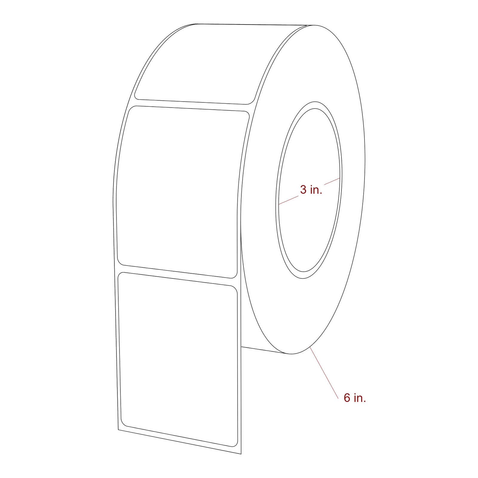 2.25 Inch x 2.75 Inch Rectangle Inkjet Label Roll - 3 Inch Core - 6 Inch Roll OD - 3D Perspective