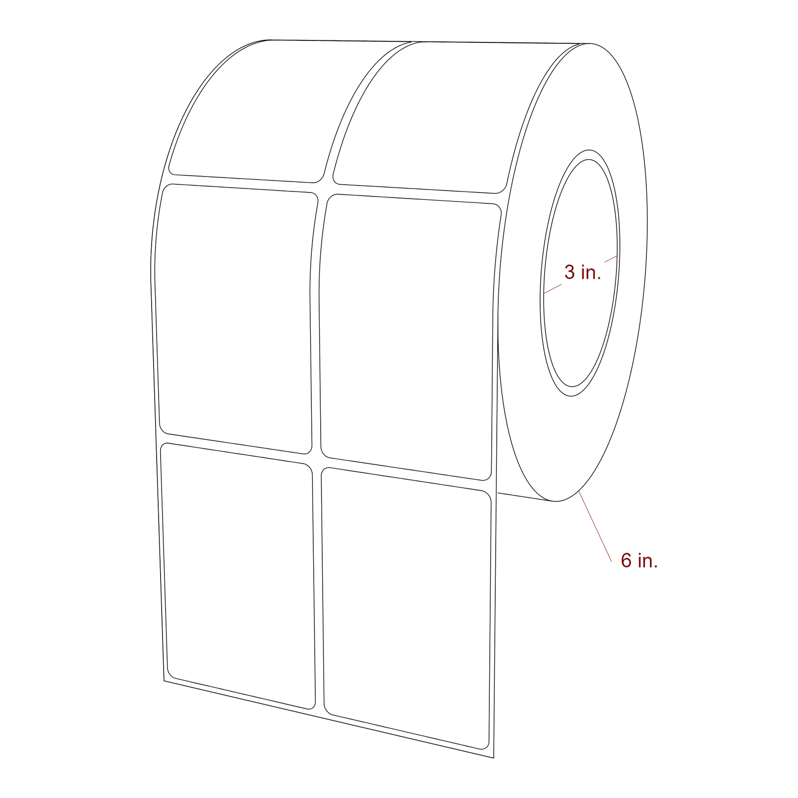 2.25 Inch x 3.25 Inch Rectangle Inkjet Label Roll - 3 Inch Core - 6 Inch Roll OD - 2Up - 3D Perspective