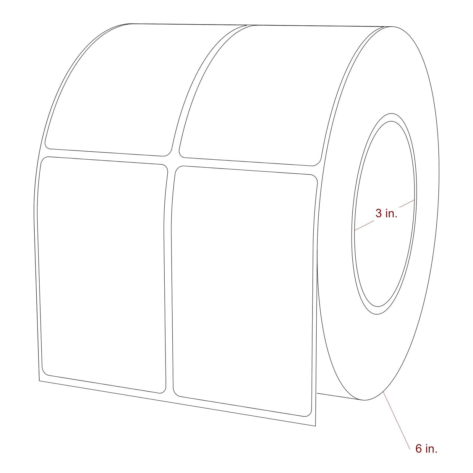 2.25 Inch x 3.5 Inch Rectangle Inkjet Label Roll - 3 Inch Core - 6 Inch Roll OD - 2Up - 3D Perspective