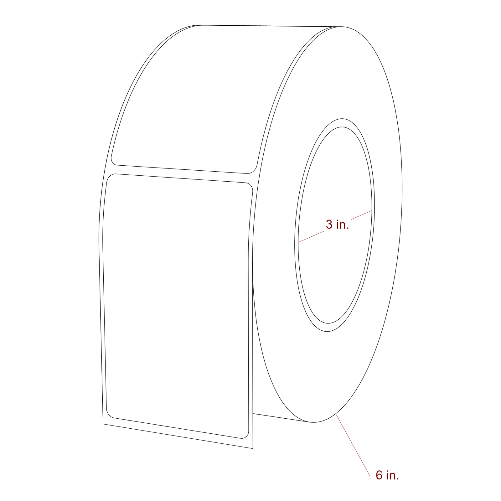 2.25 Inch x 3.5 Inch Rectangle Inkjet Label Roll - 3 Inch Core - 6 Inch Roll OD - 3D Perspective