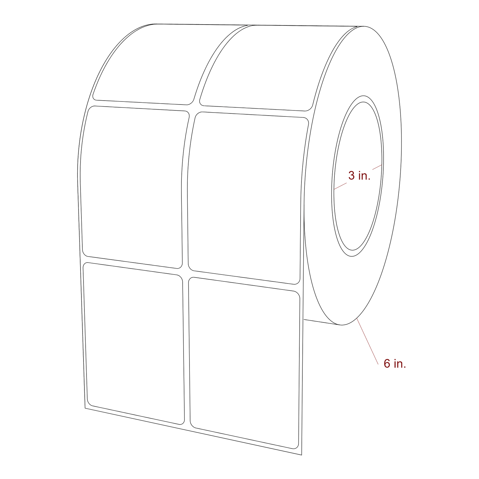 2.25 Inch x 3 Inch Rectangle Inkjet Label Roll - 3 Inch Core - 6 Inch Roll OD - 2Up - 3D Perspective